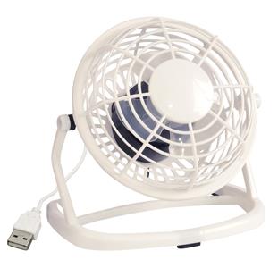 מאוורר שולחני פלסטי לבן עם חיבור USB חזק במיוחד.
