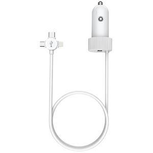מטען USB לרכב תצ' Charge-It לבן 2.4A עם כבל מובנה 3in1 <br />באורך 1.2 מ'.