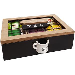 "ENJOY YOUR TEA" - מארז עץ לתה 4 תאים ידית בצורת ספל. קופסת עץ לתיונים מכסה רשת מתכתית. מידות: 23x16x7 ס"מ